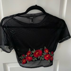 Sheer embroidered rose cropped